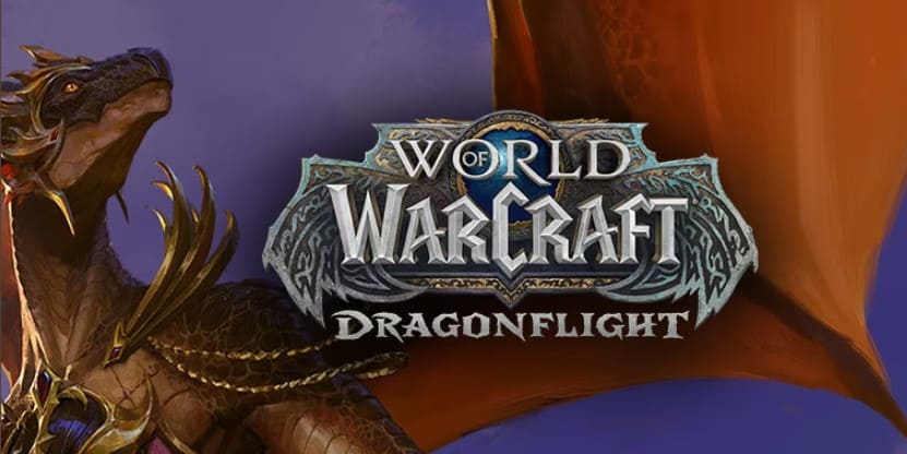 World of Warcraft DragonFlight logo with a new Character, Dracthyr which is a human dragon like Character.