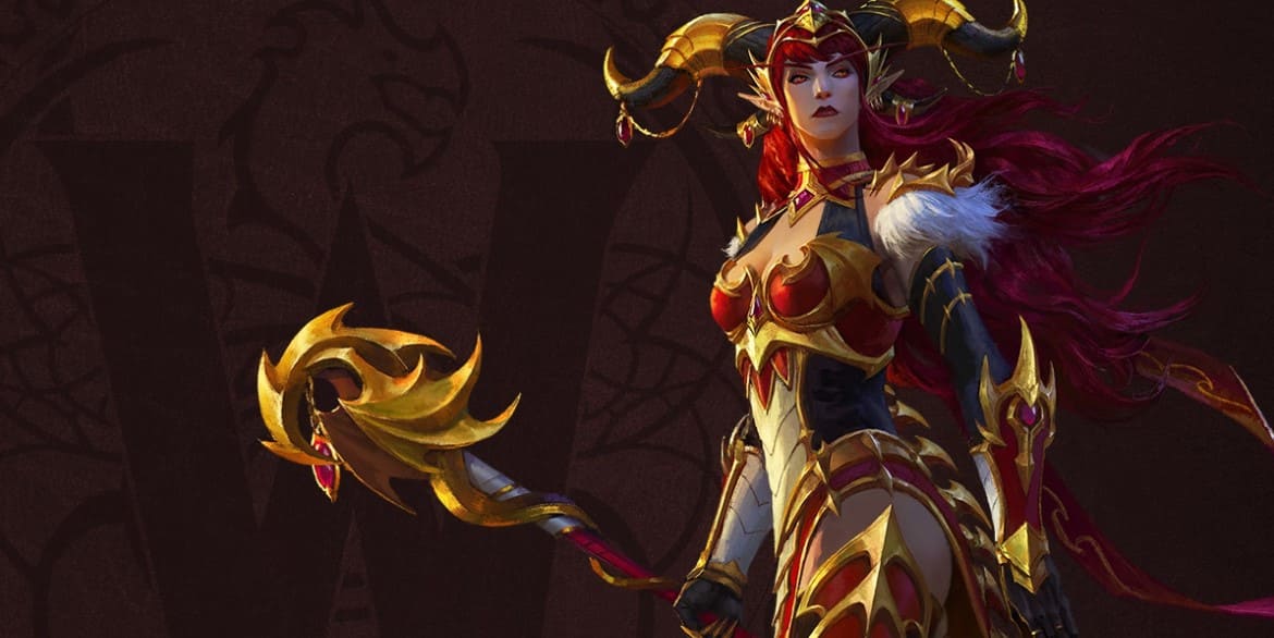 A Blood Elf with red hair and red eyes has golden and red armor on. And she is holding a golden staff.