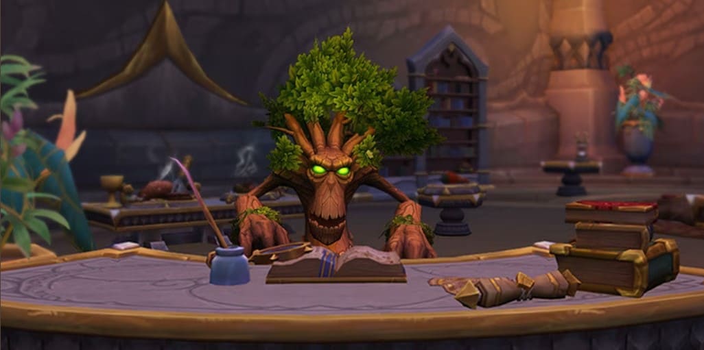 A little living tree with green glowing eyes that reads a cooking book in a kitchen