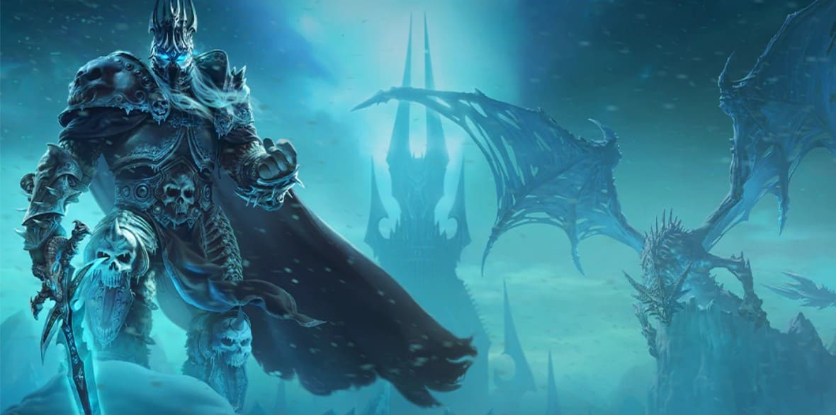 Lich King with knight like armor with skulls on it. He holds a swords with blue glow and he had blue glowing eyes. Behind him stands a skeleton dragon. It snows in the image.