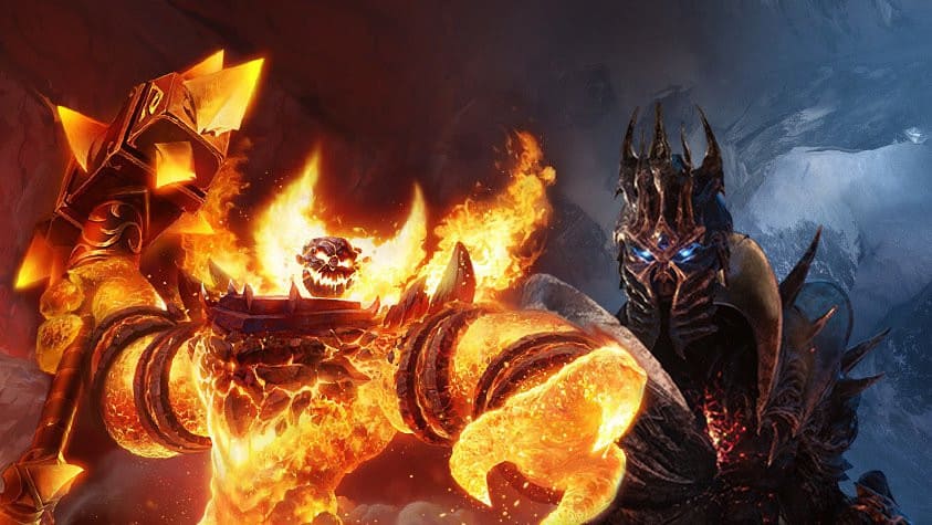 A lava creature on fire with a hammer in his hand next to a man in knight like armor with glowing blue eyes